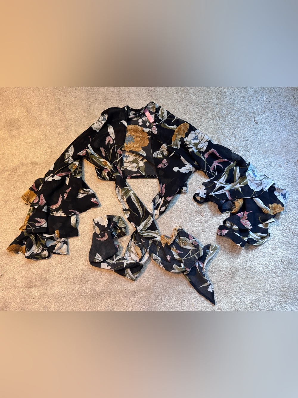 Black Floral Tie-Front Blouse with Ruffle Sleeves